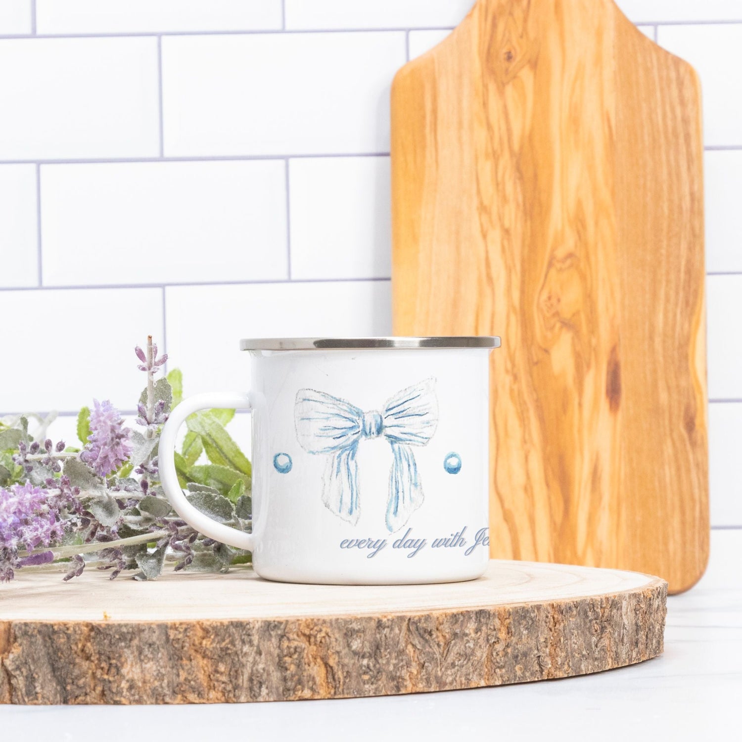 white and blue fall bow pumpkin mug enamel customized - designs by pippa