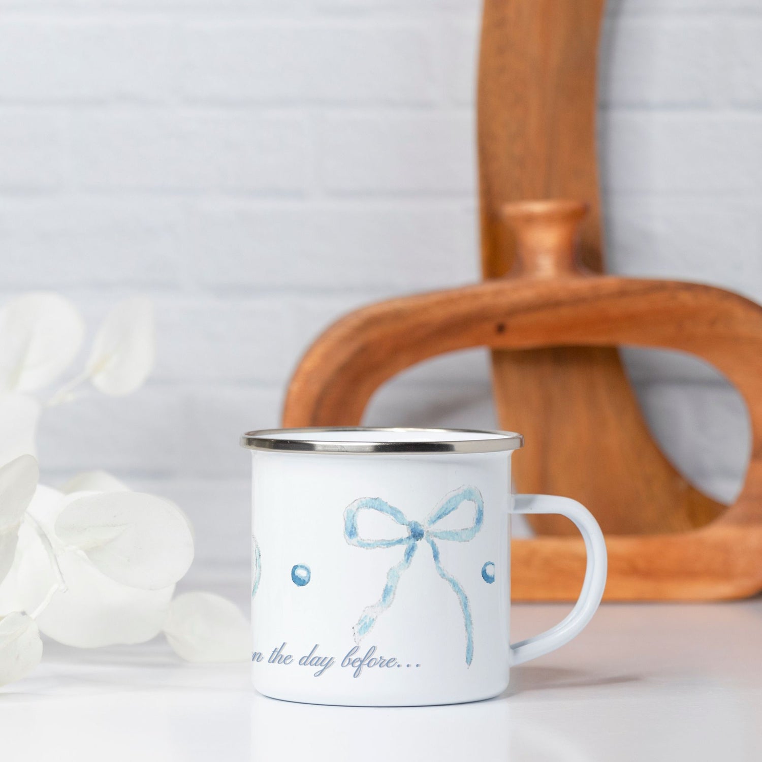 white and blue fall bow pumpkin mug enamel customized - designs by pippa