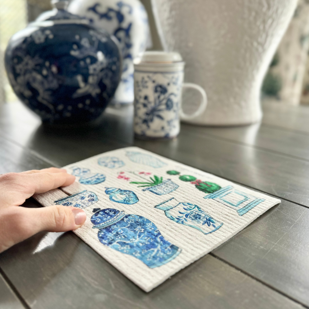 chinoiserie maximalist style swedish dish cloth with ginger jars in background