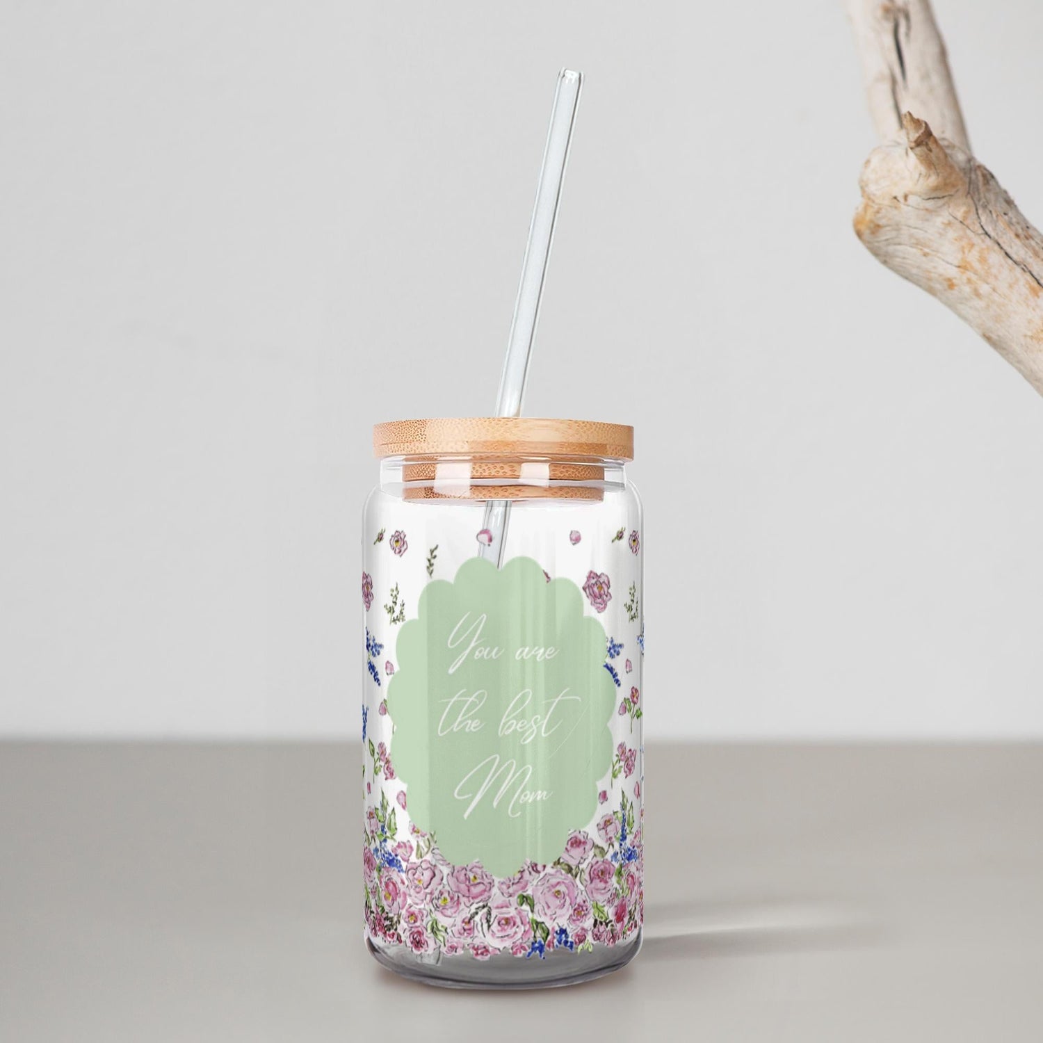 iced coffee custom floral glass lid and straw - designs by pippa