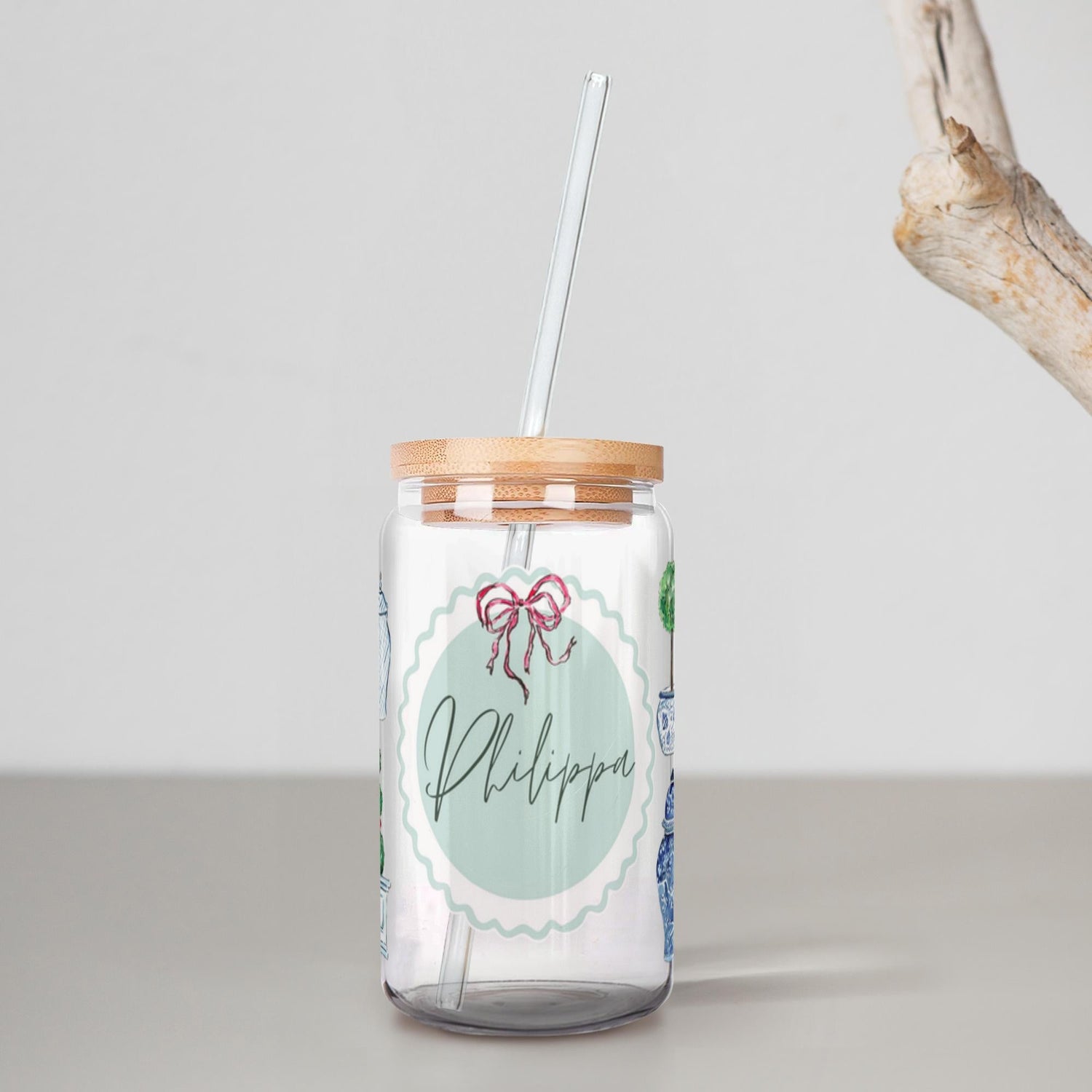 iced coffee glass chinoiserie custom green scallop - designs by pippa