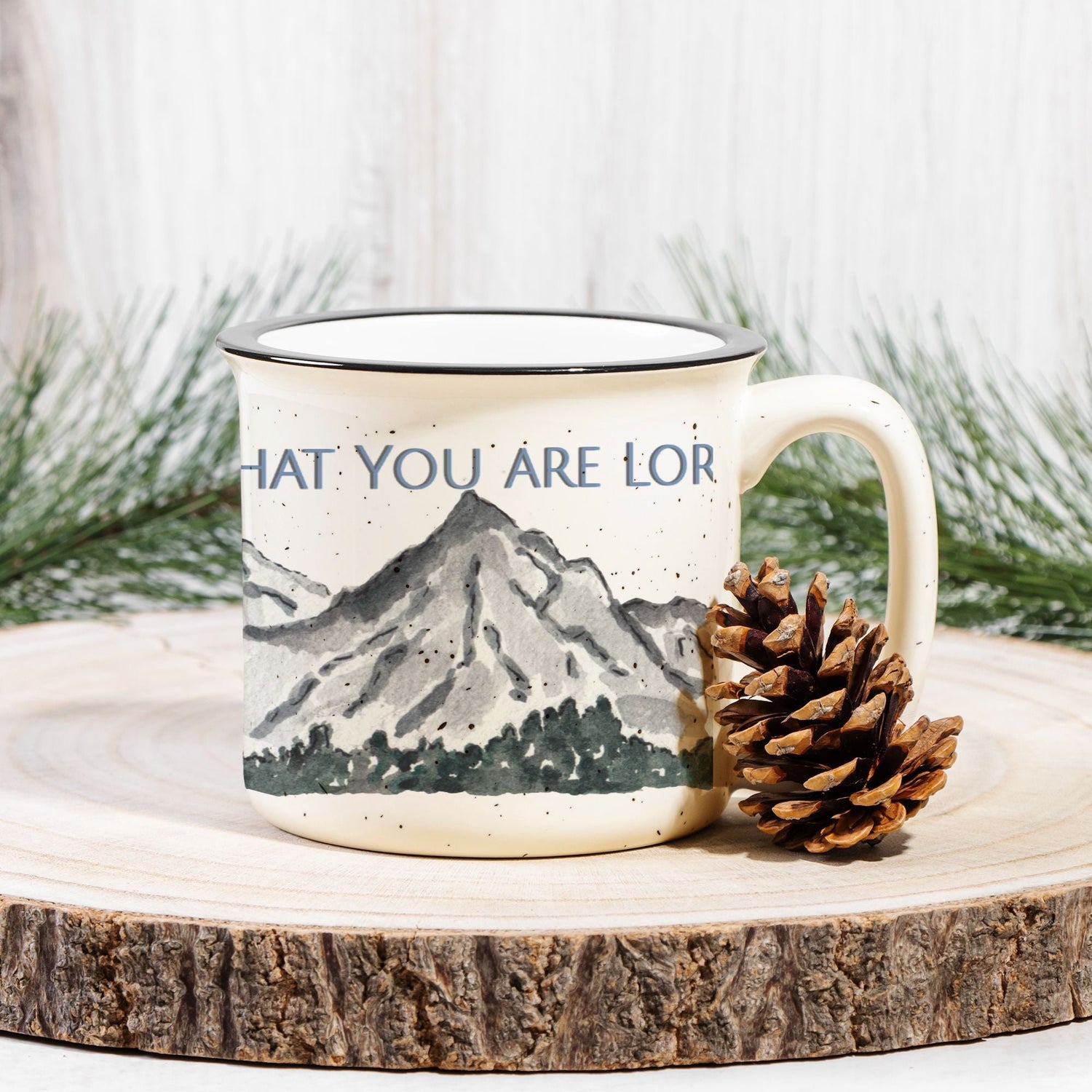 the mountains declare ceramic camp mug speckled cream 13oz - designs by pippa